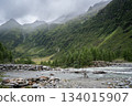 Alpine valley scenery with river, mountains and streaming waterfalls during rainy day, Austrian Alps 134015907