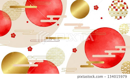 華麗的日式背景設計,以紅色、金色和白色的日式圖案和圓形紋樣為特色。 華麗的日式背景設計,以紅色、金色和白色的日式圖案和圓形紋樣為特色。 134015979