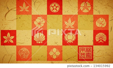 Japanese-style background design featuring a red and gold checkered pattern with traditional Japanese motifs Japanese-style background design featuring a red and gold checkered pattern with traditional Japanese motifs 134015992