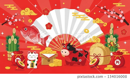日式插畫設計,可愛的新年物品排列在紅色背景上。 日式插畫設計,可愛的新年物品排列在紅色背景上。 134016008