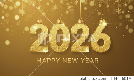 一款閃閃發光的新年賀卡設計，帶有金色的2026數字。 134016019