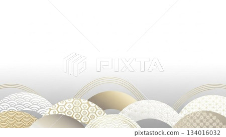 A calming Japanese-style background design featuring a white and gold Seigaiha pattern A calming Japanese-style background design featuring a white and gold Seigaiha pattern 134016032