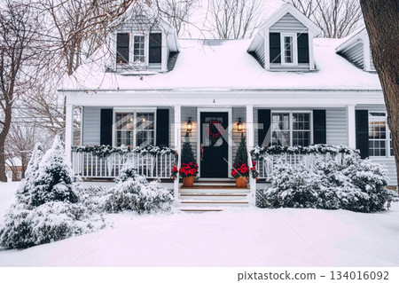 Snow-covered house decorated for winter holidays with wreath and flowers in front yard during quiet snowfall Snow-covered house decorated for winter holidays with wreath and flowers in front yard during quiet snowfall 134016092