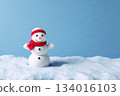Snowman stands cheerfully in a snowy landscape with blue background, showcasing winter spirit and joy during holiday season in daylight 134016103