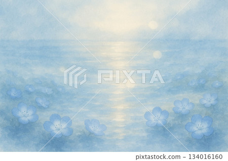 粉蝶花系列：水面上的光線反射和粉蝶花山 134016160