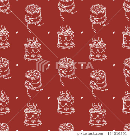 Red seamless pattern with a whimsical illustration of a cake and hearts. Hand-drawn line sketches of cakes for weddings, Valentines Day, birthdays, and parties. Vector outline illustration. 134016291