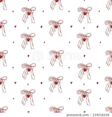 Seamless girly Valentines Day pattern with ribbon bows and hearts. Vintage background with wedding accessories. Vector retro flat illustration of red icons on a white background 134016294