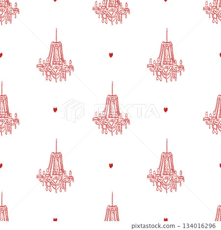 Elegant vintage red seamless pattern with hand drawn vintage chandelier and hearts, antique candelabra. Red icons on white background. Vector background for holiday, Valentines Day, wedding, birthday 134016296