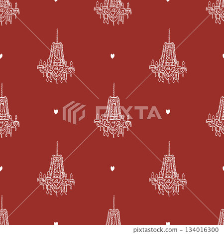 Elegant vintage red seamless pattern with hand drawn vintage chandelier and hearts, antique candelabra. White icons on red background. Vector background for holiday, Valentines Day, wedding, birthday 134016300