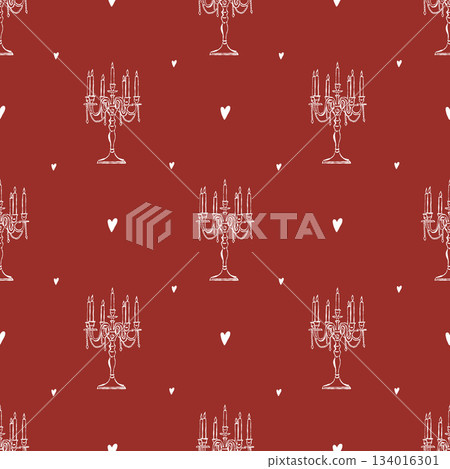 Elegant vintage red seamless pattern with hand-drawn candelabra, antique candles with beads, pearls, and hearts. White icons on a red background. Vector background for holidays, Valentines Day 134016301