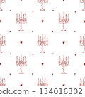 Elegant vintage seamless pattern with hand-drawn candelabra, antique candles with beads, pearls, and hearts. Red icons on a white background. Vector background for holidays, Valentines Day, weddings Elegant vintage seamless pattern with hand-drawn candelabra, antique candles with beads, pearls, and hearts. Red icons on a white background. Vector background for holidays, Valentines Day, weddings 134016302