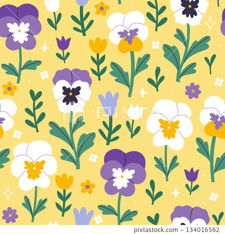 Seamless pattern with pansies on a yellow background. Vector graphics. Seamless pattern with pansies on a yellow background. Vector graphics. 134016562