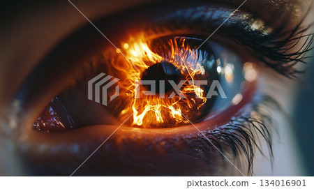 hot eye reflection close up, fire in iris hot eye reflection close up, fire in iris 134016901