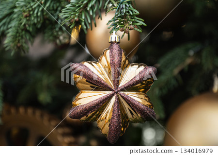 Elegant gold flower shaped Christmas ornament on green fir branches with soft holiday lights. Festive luxury decoration detail. Elegant gold flower shaped Christmas ornament on green fir branches with soft holiday lights. Festive luxury decoration detail. 134016979