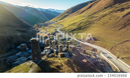 View of the autumn Ushguli village in Georgia. 134016988