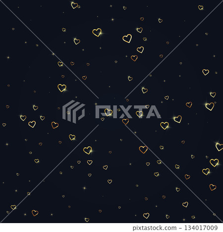 Sprinkled hearts valentine template. Gold hearts scattered on black background. Festive sprinkled hearts vector illustration. Sprinkled hearts valentine template. Gold hearts scattered on black background. Festive sprinkled hearts vector illustration. 134017009