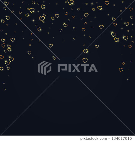 Flying hearts for valentine's day. Gold hearts scattered on black background. Beautiful flying hearts vector illustration. Flying hearts for valentine's day. Gold hearts scattered on black background. Beautiful flying hearts vector illustration. 134017010
