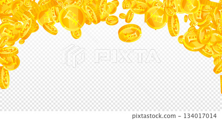 Swiss franc coins falling. Gold scattered CHF coins. Switzerland money. Great business success concept. Wide vector illustration. Swiss franc coins falling. Gold scattered CHF coins. Switzerland money. Great business success concept. Wide vector illustration. 134017014