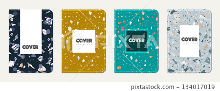 Note book cover design. Terrazzo abstract background made of natural stones, granite, quartz and marble. Venetian terrazzo texture note book template. Note book cover design. Terrazzo abstract background made of natural stones, granite, quartz and marble. Venetian terrazzo texture note book template. 134017019