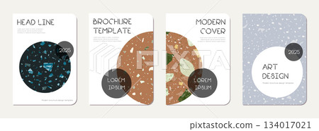 Brochure cover design. Terrazzo abstract background made of natural stones, granite, quartz and marble. Venetian terrazzo texture brochure template. Brochure cover design. Terrazzo abstract background made of natural stones, granite, quartz and marble. Venetian terrazzo texture brochure template. 134017021