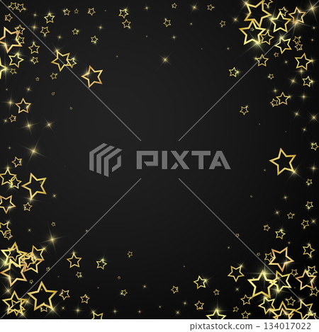 Christmas spirit. Scattered falling stars. Festive christmas confetty overlay template. Festive stars vector illustration on black background. 134017022