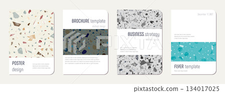 Brochure cover design. Terrazzo abstract background made of natural stones, granite, quartz and marble. Venetian terrazzo texture brochure template. Brochure cover design. Terrazzo abstract background made of natural stones, granite, quartz and marble. Venetian terrazzo texture brochure template. 134017025