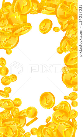 Indian rupee coins falling. Scattered gold INR coins. India money. Jackpot wealth or success concept. Vector illustration. 134017033