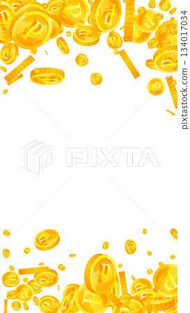 Russian ruble coins falling. Scattered gold RUB coins. Russia money. Great business success concept. Vector illustration. 134017034