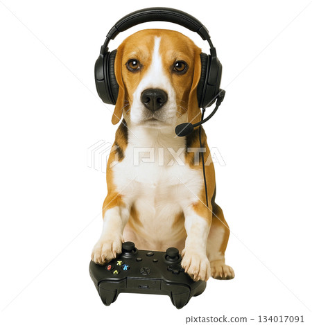 Beagle Gamer with Headset and Game Controller 134017091