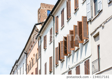 Charming architecture of Mantua with traditional wooden shutters and buildings. 134017181