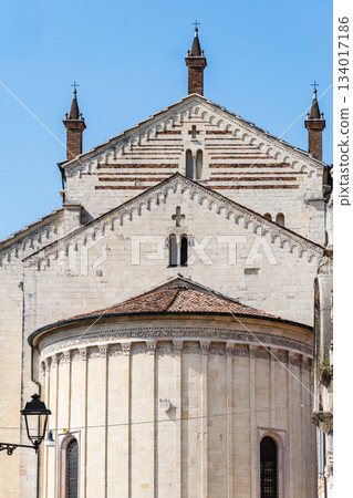 Verona Cathedral's impressive facade against a clear blue sky. Verona Cathedral's impressive facade against a clear blue sky. 134017186