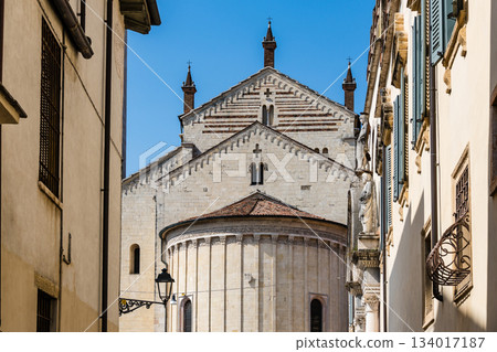 Verona Cathedral's impressive facade against a clear blue sky. 134017187