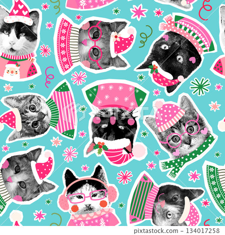 Funny Cats with Ugly Christmas Sweaters Vector Seamless Pattern, Animals with Santa Hats Background for Wrapping Paper and Holiday Designs Funny Cats with Ugly Christmas Sweaters Vector Seamless Pattern, Animals with Santa Hats Background for Wrapping Paper and Holiday Designs 134017258