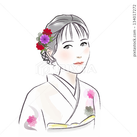 A woman in a furisode kimono looking up diagonally 134017272