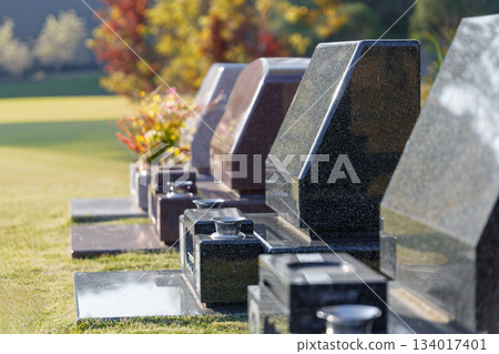 秋季墓園景色。一排排墓碑。 134017401