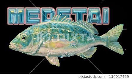 Retro-future illustration of a cyber-sea bream with mechanical internals and a logo 134017469