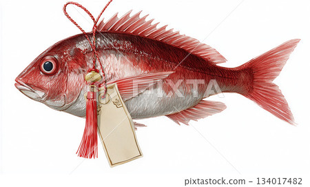 Realistic hand-drawn illustration of a fresh red snapper with a celebration tag and decorative string 134017482
