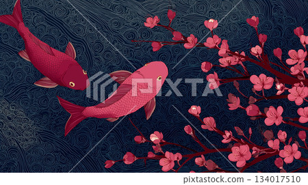 A fantastic illustration of two red fish swimming against a navy blue swirling background and plum blossoms A fantastic illustration of two red fish swimming against a navy blue swirling background and plum blossoms 134017510