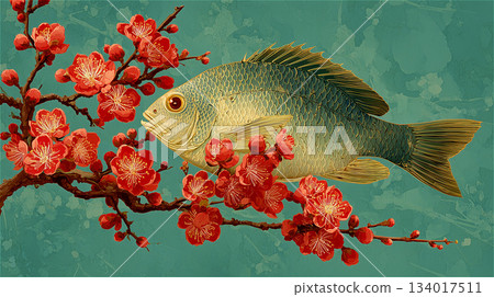 Japanese retro illustration of a bright red plum blossom and a sea bream on a blue-green background Japanese retro illustration of a bright red plum blossom and a sea bream on a blue-green background 134017511
