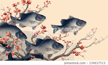 Japanese-style textile design with red plum blossoms and multiple black sea bream swimming on a beige background Japanese-style textile design with red plum blossoms and multiple black sea bream swimming on a beige background 134017513