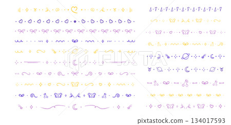 Line divider, cute border hand drawn elements separator. Set geometric bright doodle frames with bows, hearts, moon. Stars and geometric shapes. Lace horizontal decoration. 134017593