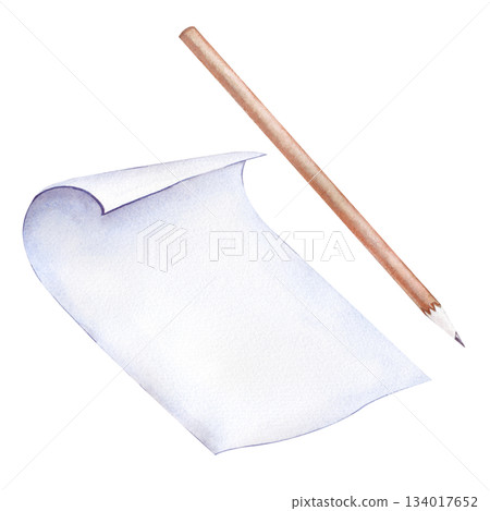 A white sheet of paper and a sharp pencil on an isolated background. Watercolor illustration of materials for the work of a writer and an artist. Realistic clipart. A white sheet of paper and a sharp pencil on an isolated background. Watercolor illustration of materials for the work of a writer and an artist. Realistic clipart. 134017652