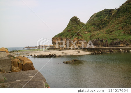 Beautiful scenery of green mountains by the sea 134017694