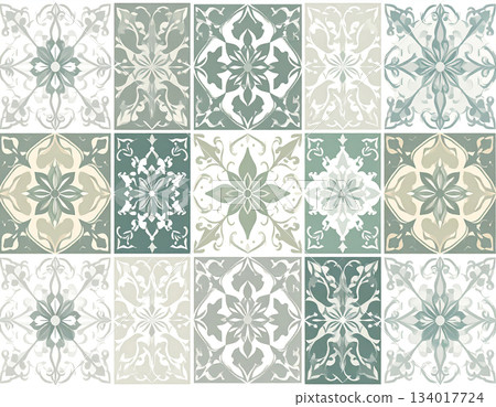 Textures arranged neatly. Ceramic tiles with geometric patterns. Material for interior in natural color. Texture of building materials. Design mockup and background. 134017724