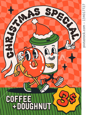 Retro Christmas special poster with groovy coffee cup and doughnut character in festive cartoon style. Christmas coffee offer great for menus, stickers, and holiday promotions. 134017727