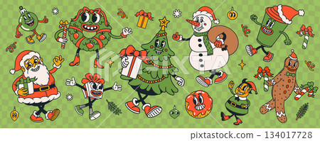 Christmas character set with groovy cartoon characters and festive icons on a green checkered background. Christmas character vector illustration. Great for stickers, posters, cards, wrapping and 134017728