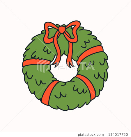 Christmas wreath with a red bow and ribbon in a simple retro cartoon style on a light background. Christmas wreath vector illustration for stickers, cards and festive prints 134017730