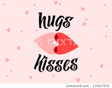 Love background vector illustration. Happy Valentines Day card with hearts, typography greeting text, kiss. Invitation abstract design in minimal art retro modern style 134017970