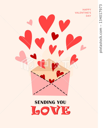 Love background vector illustration. Happy Valentines Day card with hearts, typography greeting text, envelope sending you love. Invitation abstract design in minimal art modern style 134017973