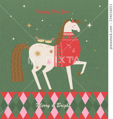 Greeting card for Merry Christmas and Happy New Year 2026 with cute horse in a Christmas sweater and champagne glasses on it. Template design for calendar, print, web, posters, banner, sales. Vector Greeting card for Merry Christmas and Happy New Year 2026 with cute horse in a Christmas sweater and champagne glasses on it. Template design for calendar, print, web, posters, banner, sales. Vector 134018051